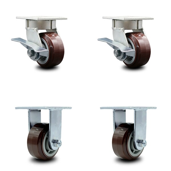 4 Inch Kingpinless Poly on Polyolefin Wheel Caster Brakes 2 Rigid SCC, 2PK